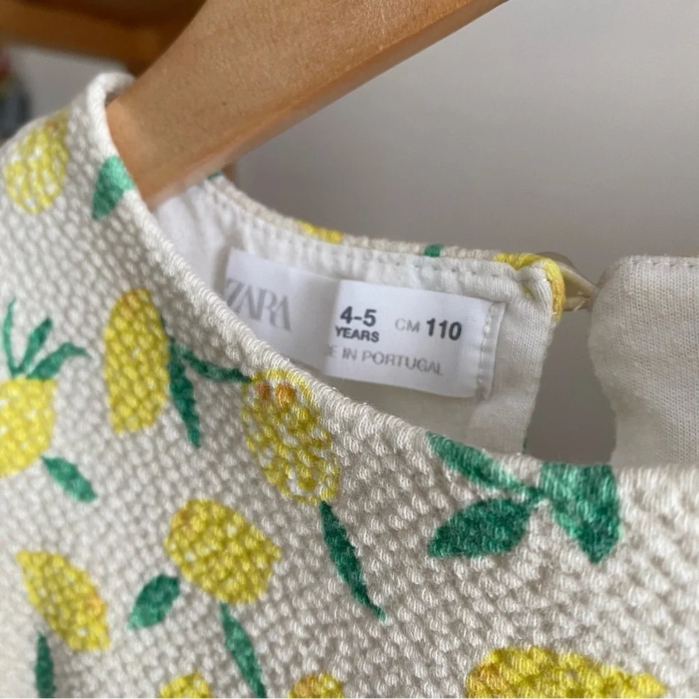 Zara Girls White Yellow Lemon Print Textured Sleeveless Dress 4t